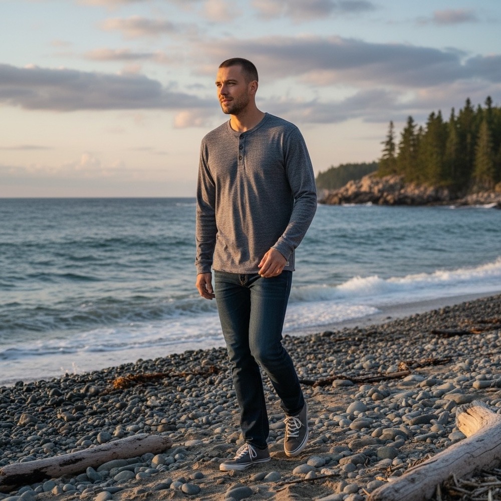 Marine Layer Re-Spun Mens Henley Long Sleeve Shirt Blue Gray Heathered Size M